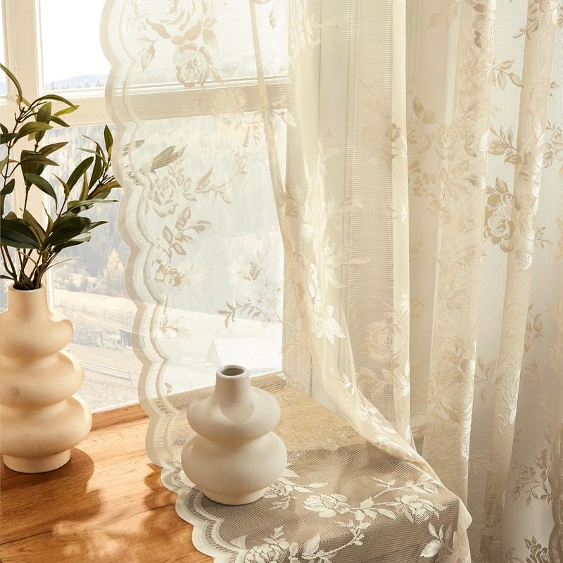 SEEKRIGHT Beige Kitchen Curtains 30 Inch Length Rod Pocket Light Filtering Sheer Lace Cafe Curtains 2 Panels Set Modern Floral Lace Curtain for Small Window RV Basement Laundry Camper, 26x30 - Image 5